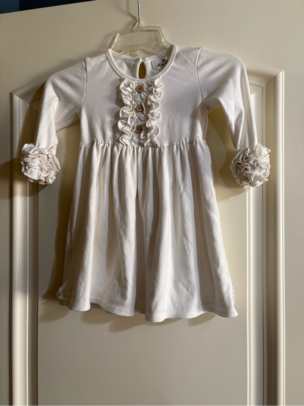 Girls White Ruffle-Trim Long Sleeve Dress